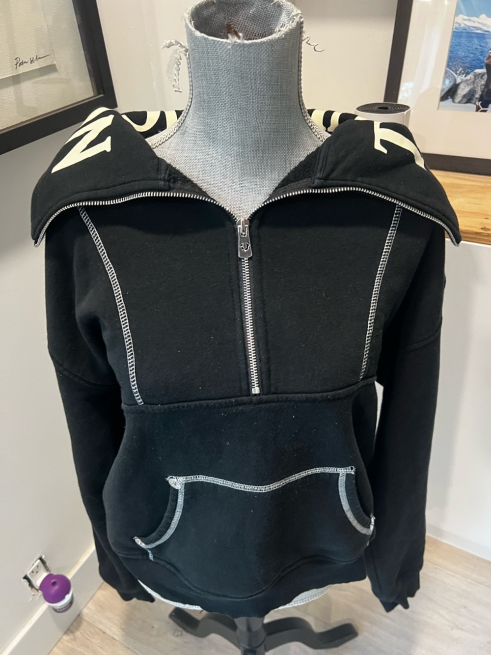 True Religion Black Pullover Hoodie with Contrast White Stitching